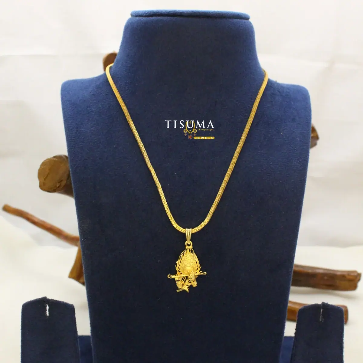 Traditional South Indian Gold Plated Sacred Lord Krishna Flute and Peacock Feather Motif Dollar Pendant with Textured Wheat Chain for Women and Men